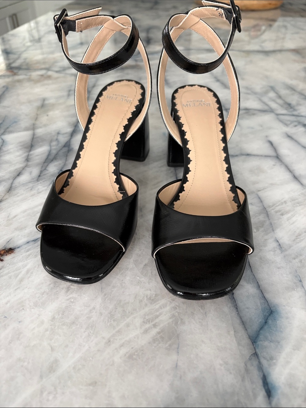 ANTONIO MELANI Black Patent Block Heel Sandals